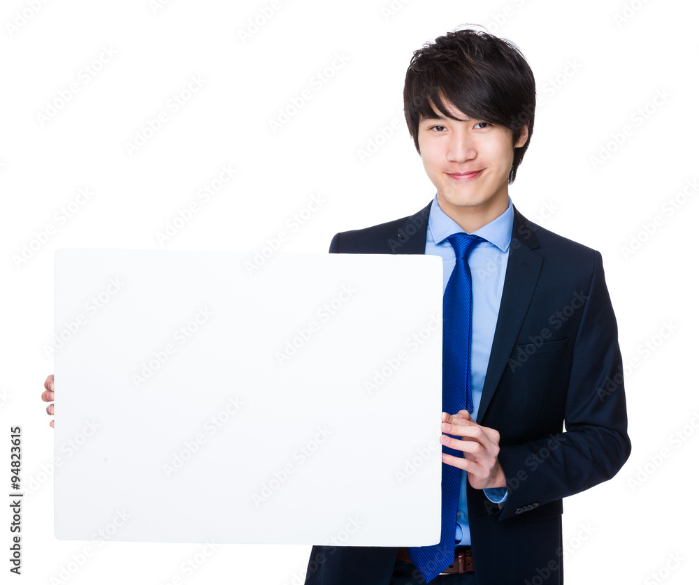 Young Businessman show with the white banner Young Businessman show with the white banner