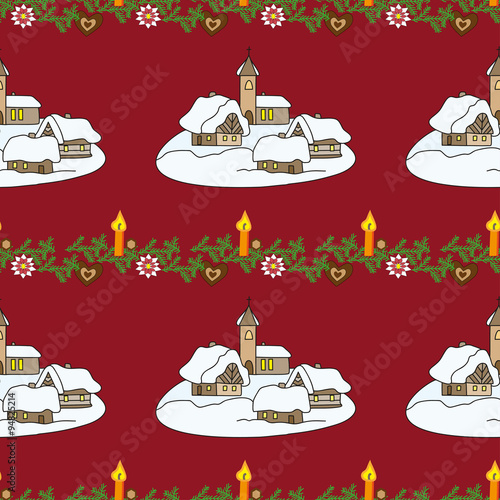 Christmas seamless with winter village and candle on red