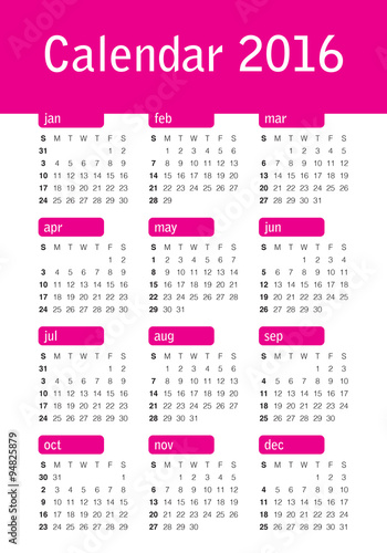 2016 Year Calendar