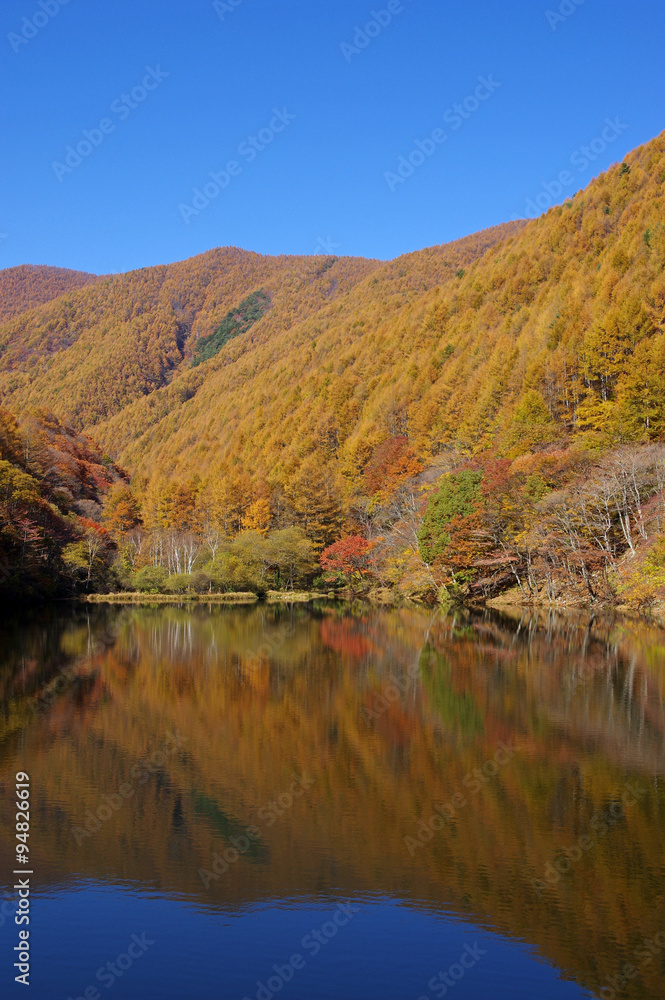 紅葉した秋の湖