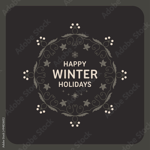 Merry Christmas Postcard Decorative Greeting Frame with Hand Drawn Design Elements. Vector Illustration on Dark Background