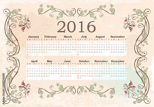 Calendar for 2016. Vintage style.