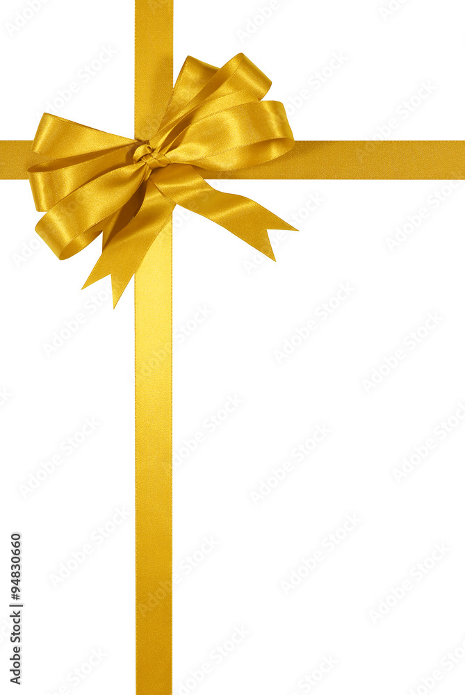 Gold gift ribbon bow border frame isolated on white background for christmas or birthday present decoration photo vertical Gold gift ribbon bow border frame isolated on white background for christmas or birthday present decoration photo vertical