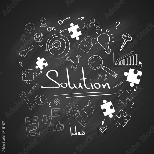 Puzzle Piece White Chalk Black Board Concept Doodle 