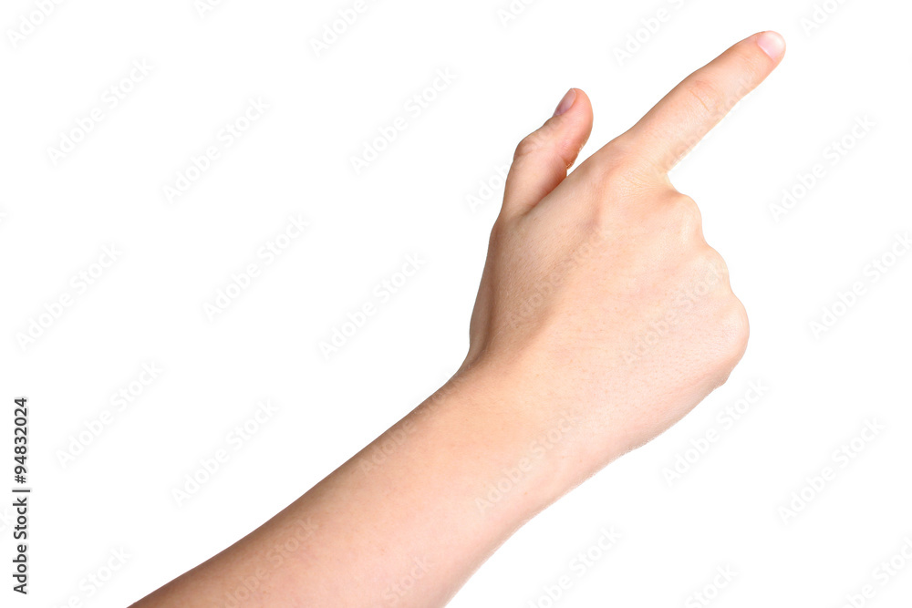 female hand touching or pointing to something isolated on white female hand touching or pointing to something isolated on white