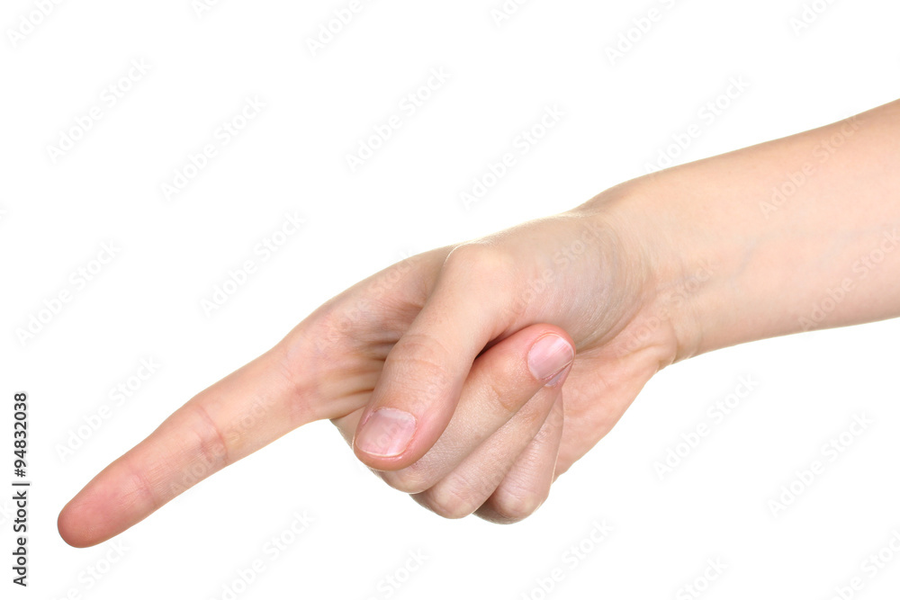  female hand touching or pointing to something isolated on white