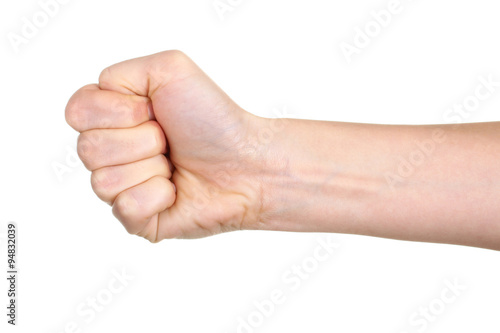 female hand shows the fist isolated on white background