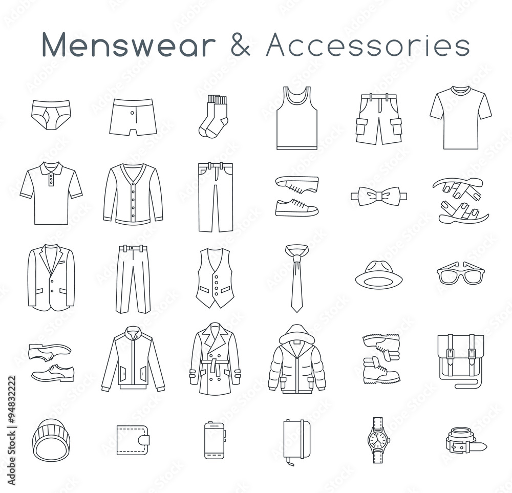 Men fashion clothing and accessories flat vector icons. Linear objects of male outfit clothes, underwear, shoes and every essentials for any season. Modern urban casual style elements for man Stock