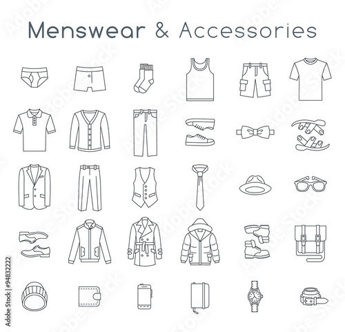 Men fashion clothing and accessories flat line vector icons. Linear objects of male outfit clothes, underwear, shoes and every day essentials for any season. Modern urban casual style elements for man