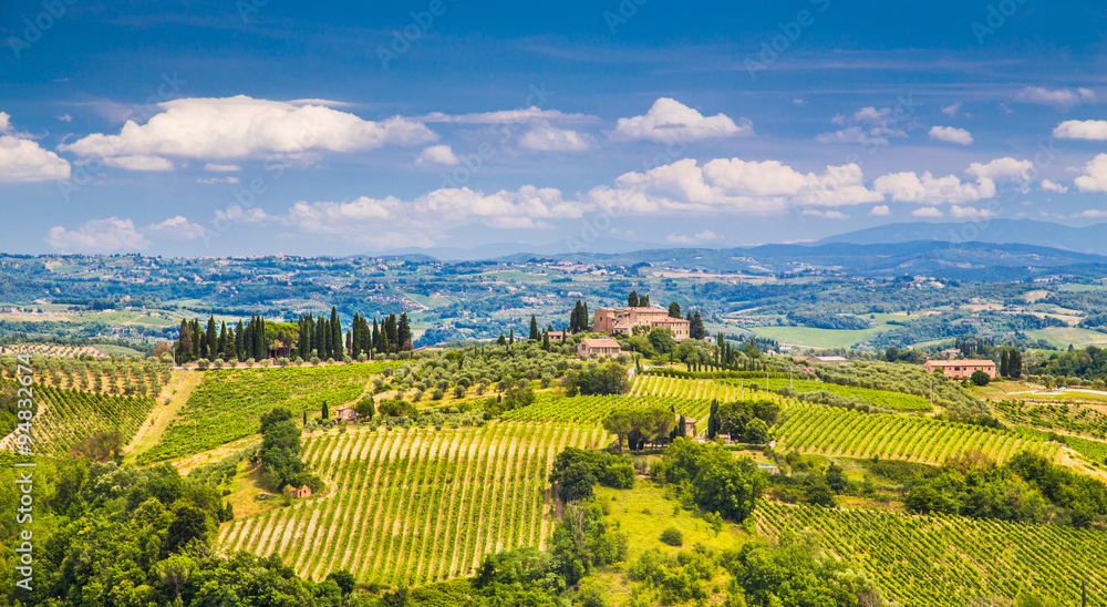 Scenic Tuscany landscape with blue sky and clouds, Italy
