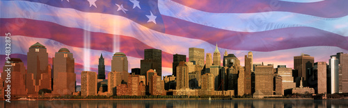 Digital composite: Manhattan skyline, World Trade Center Light Memorial,  American flag photo