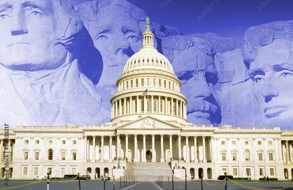 Digital composite: U.S. Capitol with Mt. Rushmore