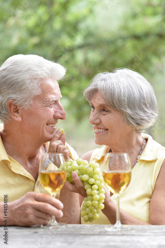 Old couple drinking wine