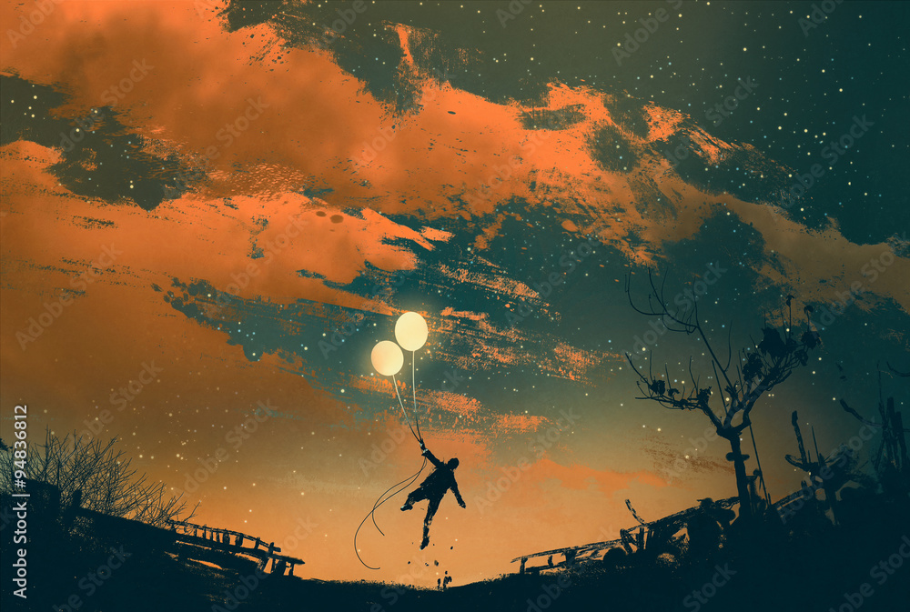 man flying with balloon lights at sunset,illustration painting - obrazy, fototapety, plakaty 
