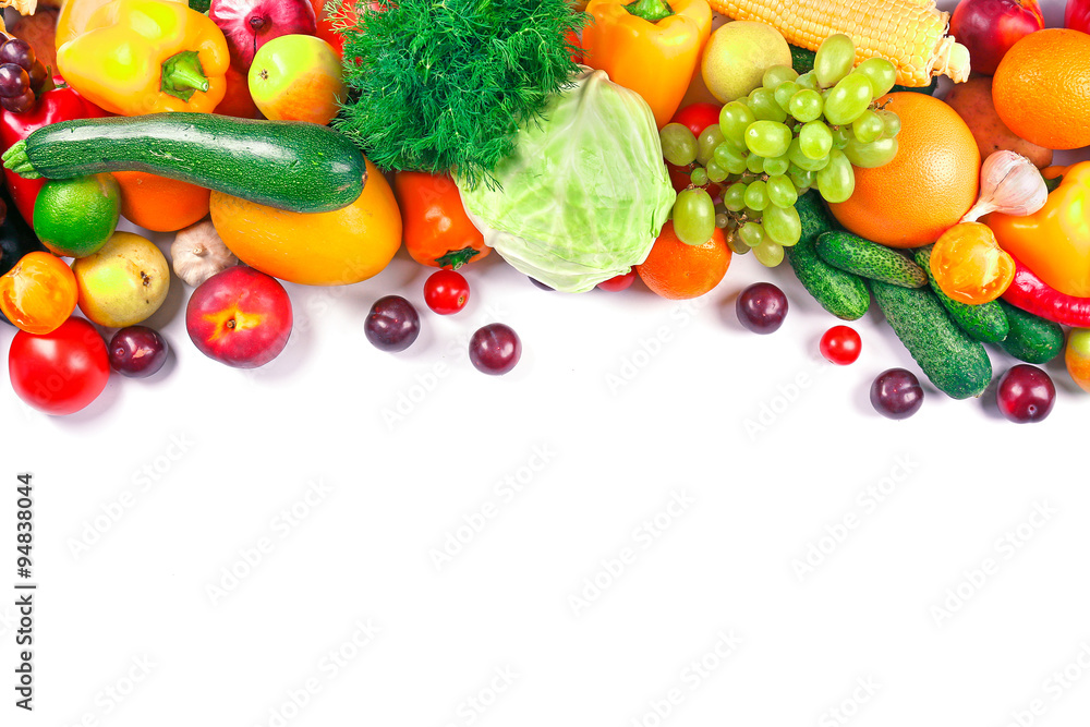 Heap of fruits and vegetables isolated on white Heap of fruits and vegetables isolated on white