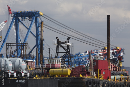 Brightly colored port loading equipment, New York and New Jersey Port Authority, New Jersey, USA, 03.20.2014