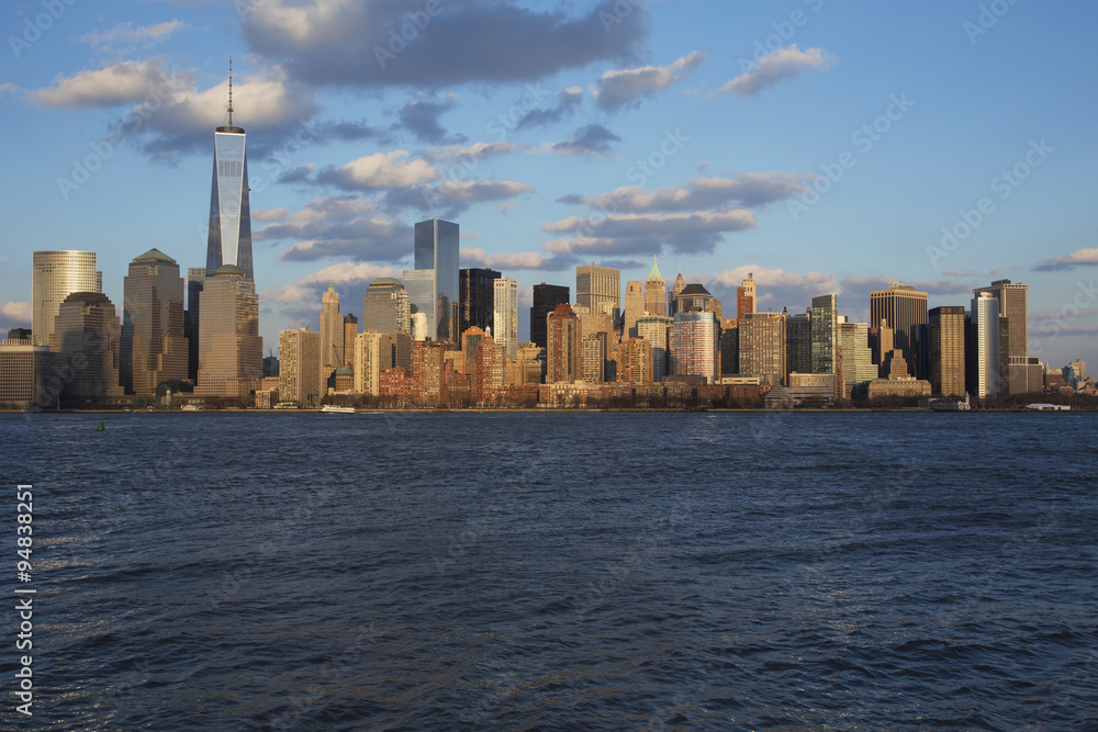 Fototapeta premium Panoramic view of New York City Skyline on water featuring One World Trade Center (1WTC), Freedom Tower, New York City, New York, USA, 03.20.2014