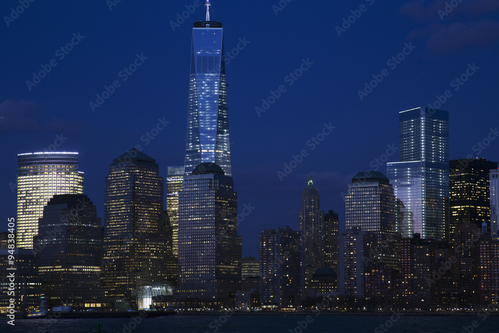 View of New York City Skyline at dusk featuring One World Trade Center (1WTC), Freedom Tower, New York City, New York, USA, 03.20.2014