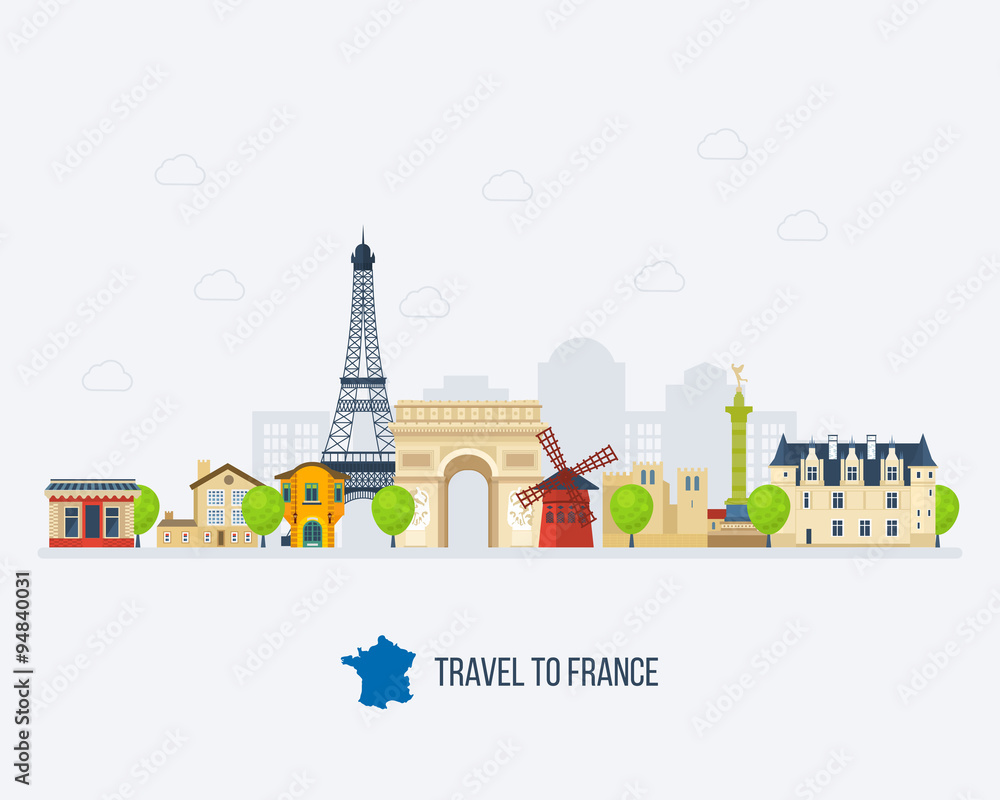 Ταπετσαρία French Landmarks.. Eiffel tower, Notre Dame in Paris, France