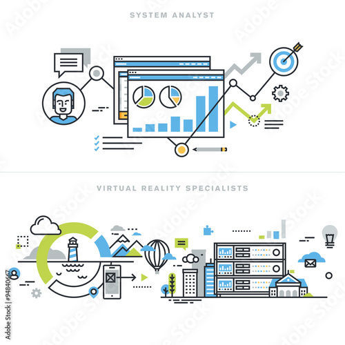 Flat line design concepts for system analyst, information system architect and developer, business analyst, virtual reality technology, augmented reality, vr gaming and headset devices.