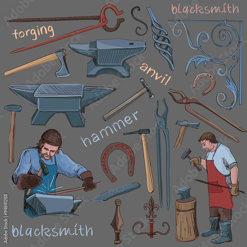 Collection of hand drawn blacksmith icons