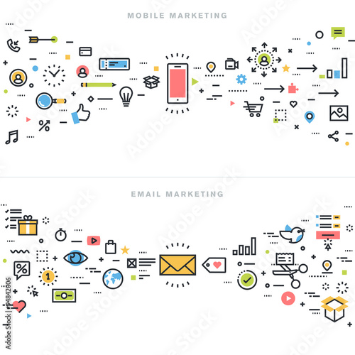 Flat line design concepts for mobile marketing, email marketing, online advertising, product and services promotion, marketing solutions and app development, for website banner and landing page.