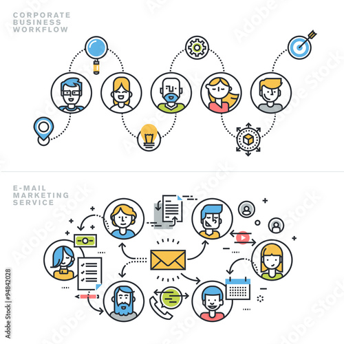 Flat line design concepts for corporate business workflow, company profile, teamwork, email marketing service, newsletter, customer relationship management, for website banner and landing page.