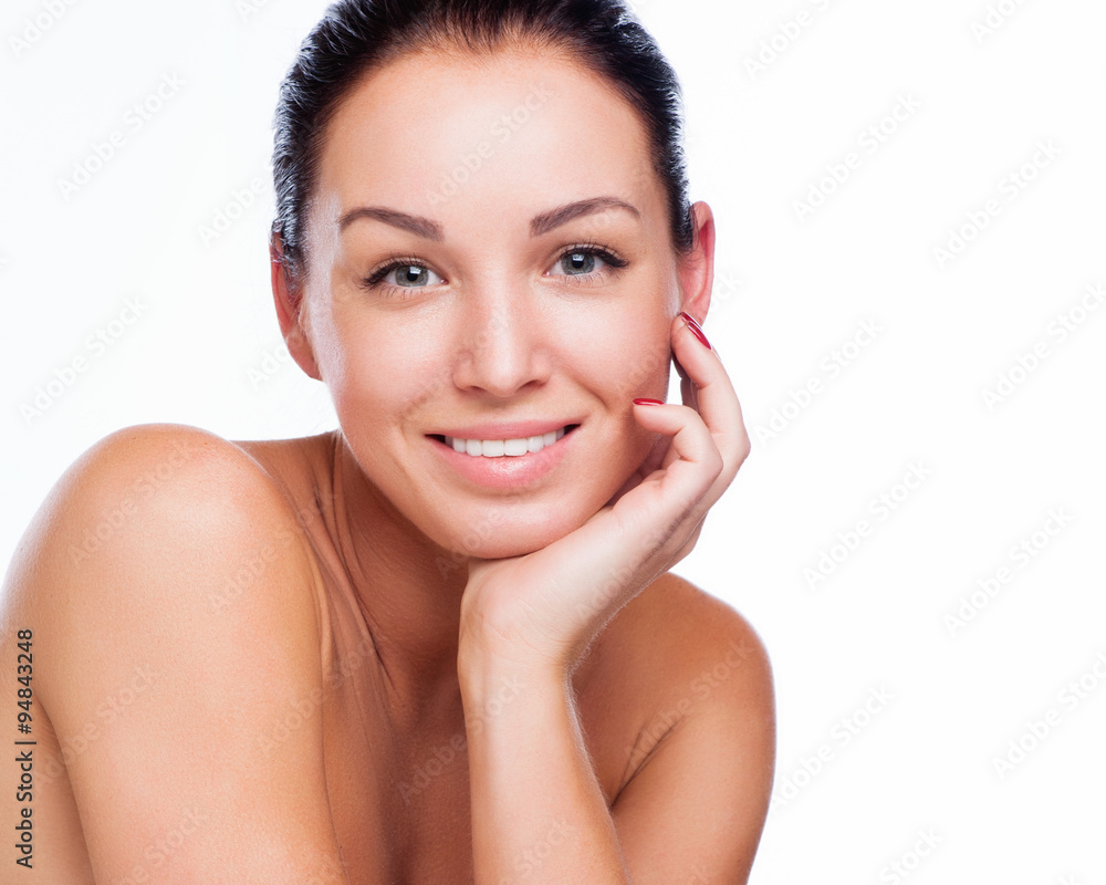 Pretty face of beautiful smiling woman - posing at studio isolated on white Pretty face of beautiful smiling woman - posing at studio isolated on white