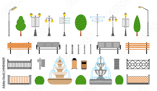 Vector City, Street, Park and Outdoor Elements Icons Set