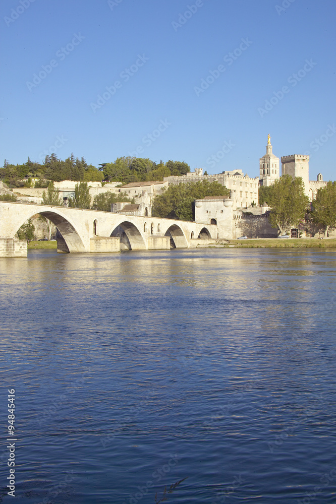 Naklejka premium Le Pont St. Benezet and Palace of the Popes and Rhone River, Avignon, France