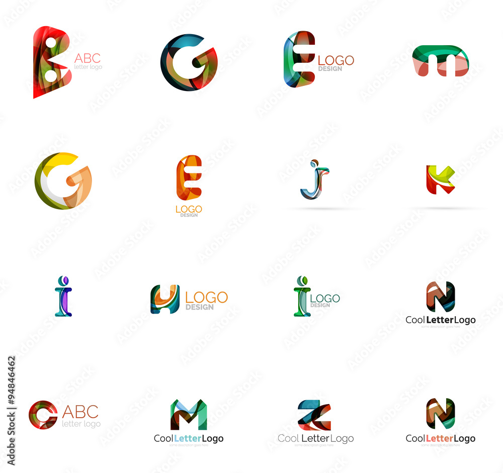 Set of colorful abstract letter corporate logos created with overlapping flowing shapes. Universal business icons for any idea isolated on white