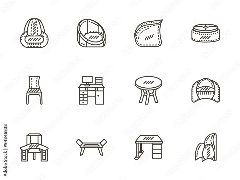 Chairs and tables flat line icons set
