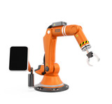 Orange robotic arm with touch panel screen. User can setting task schedule by this smart system. Original design.
