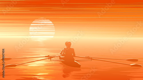 Illustration of sunset with rowers at sunset.