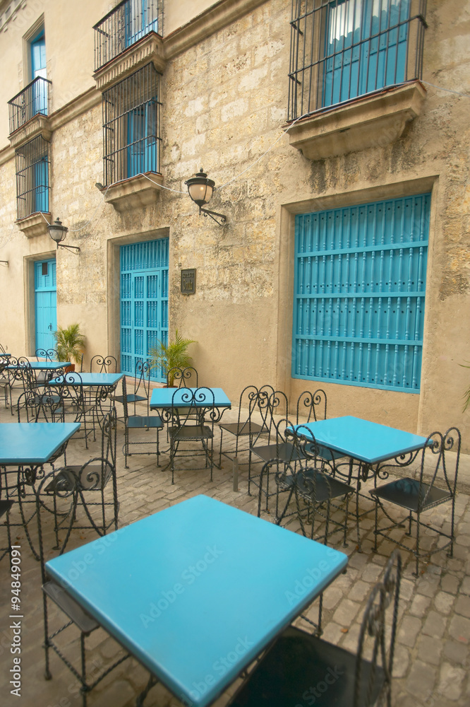 Turquoise tables and doorways in the historic section of old Havana, Cuba