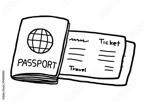 passport and ticket / cartoon vector and illustration, black and white, hand drawn, sketch style, isolated on white background.