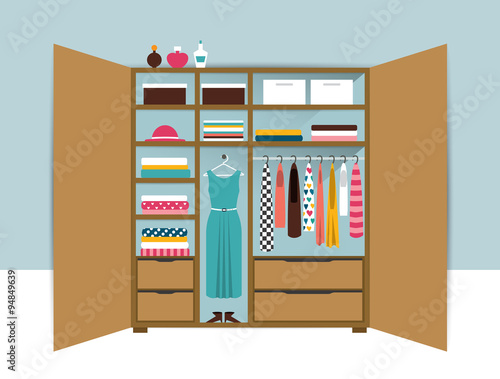 Open wardrobe. Wooden closet with tidy clothes, shirts, sweaters, boxes and shoes. Home interior. Flat design vector illustration.