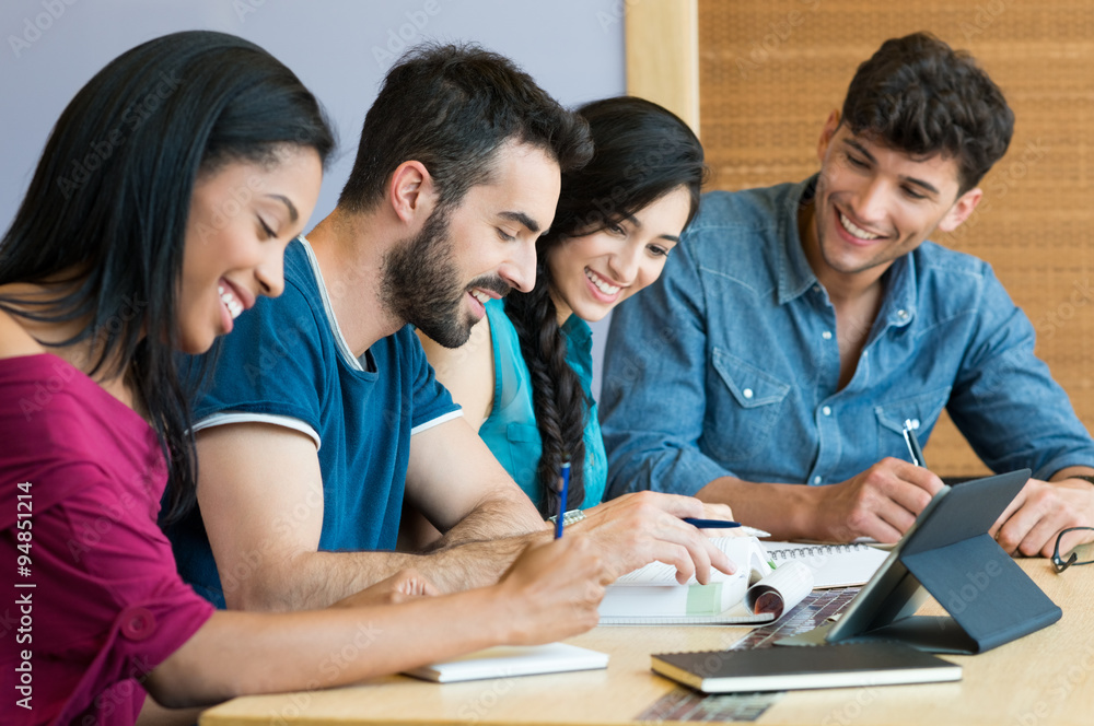 Happy student studying together Happy student studying together