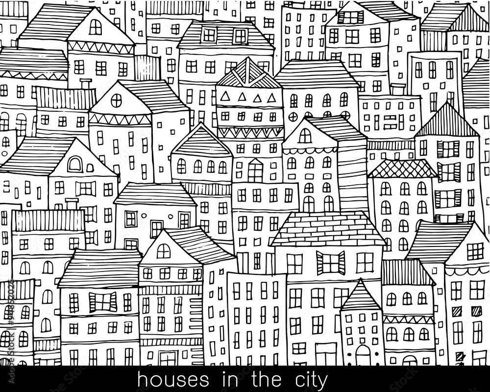 houses in the city sketch doodle style