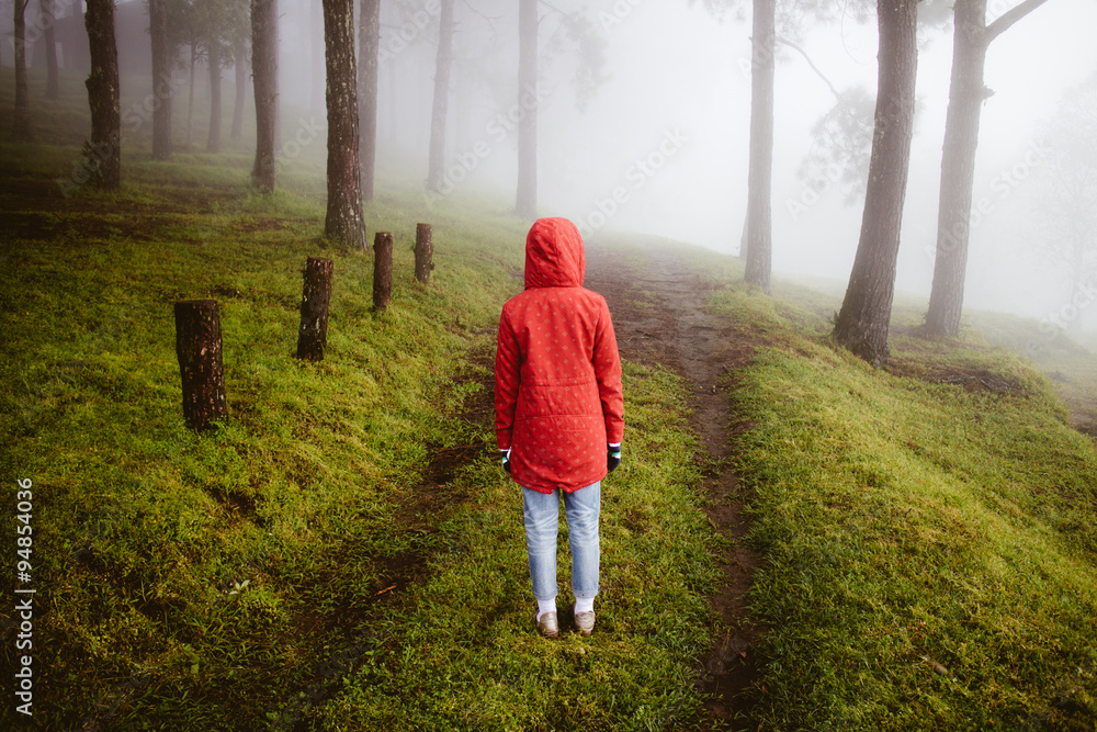 Obraz premium woman wear red coat turn back on path way with fog