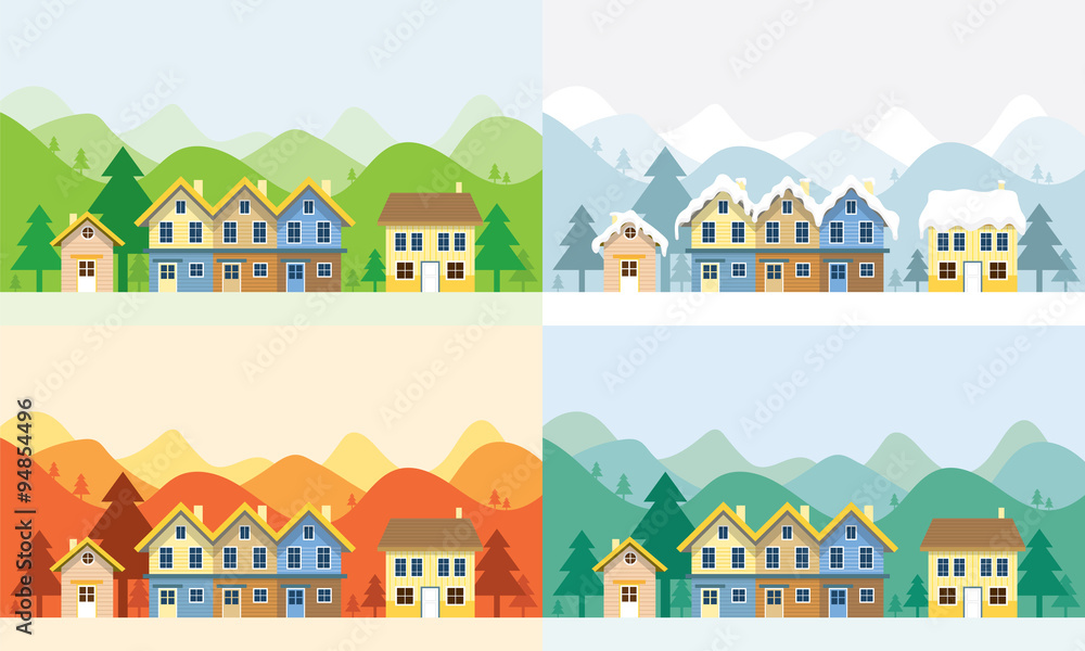Houses in Four Seasons with Mountain Background, Summer, Spring, Winter, Autumn Houses in Four Seasons with Mountain Background, Summer, Spring, Winter, Autumn