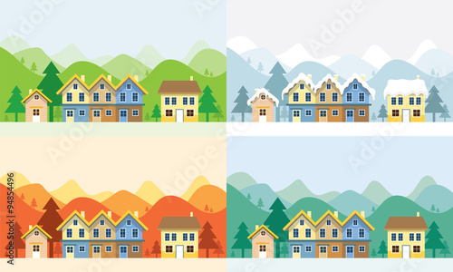 Houses in Four Seasons with Mountain Background, Summer, Spring, Winter, Autumn