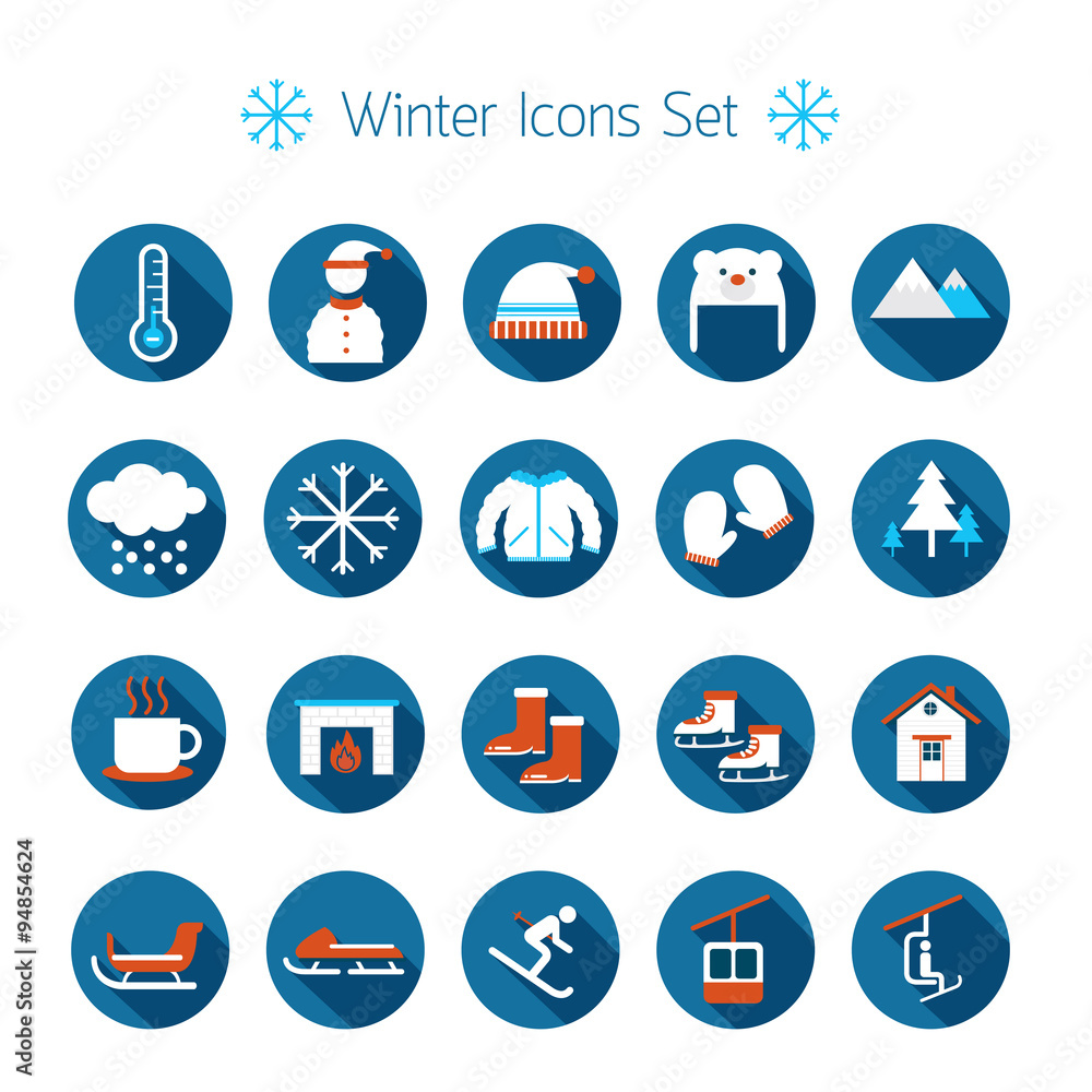 Winter Flat Icons Set, Snowing, Travel and Vacation