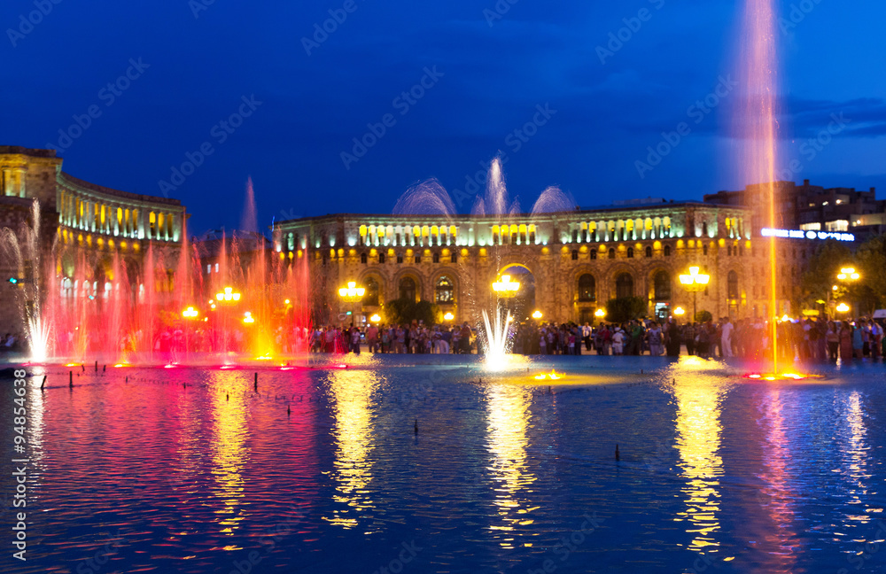 Singing fountains in the central Republic Square. The city Yerevan has a population of 1 million people