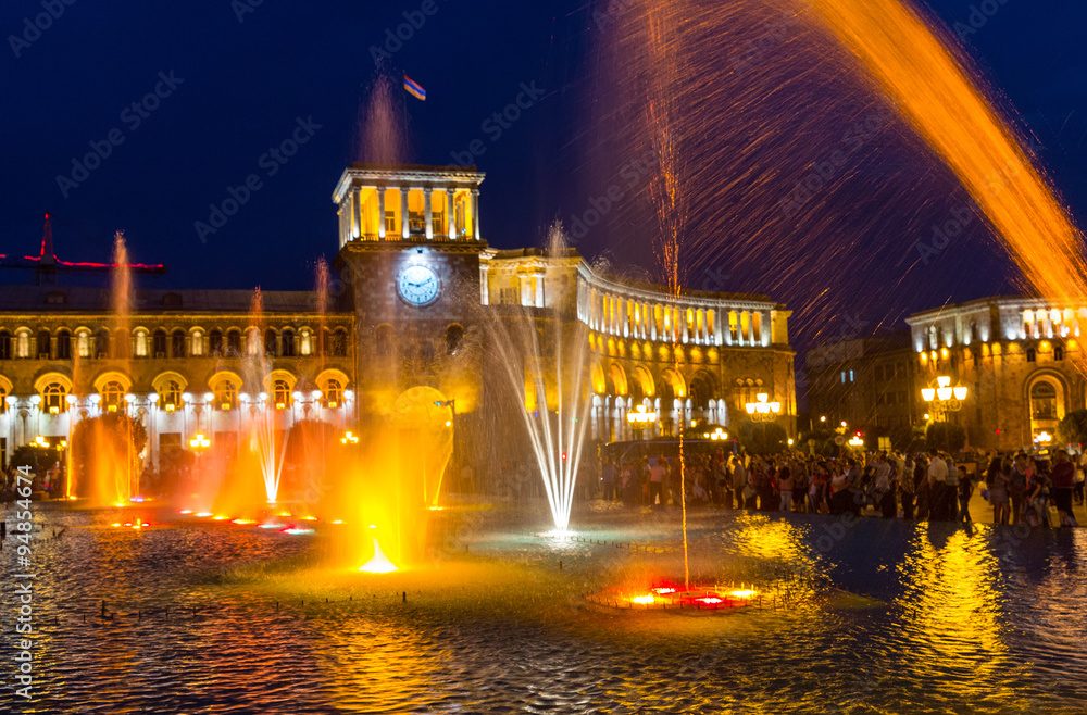 Singing fountains in the central Republic Square. The city Yerevan has a population of 1 million people