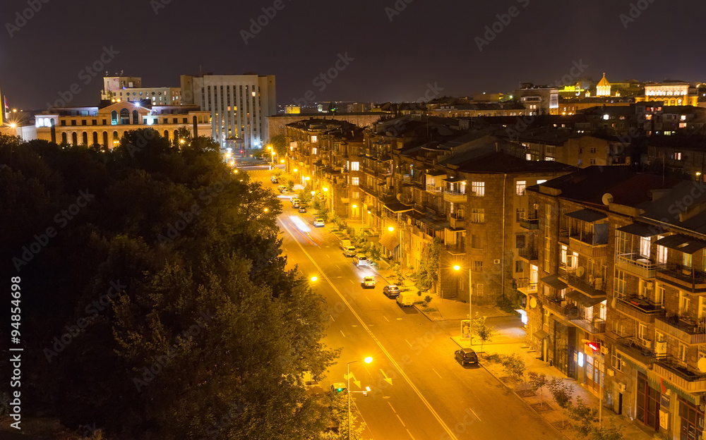 Night view of the streets of Yerevan and the Russian Embassy