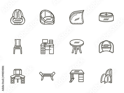Chairs and tables flat line vector icons set