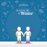 Couple in Snowsuit with Winter Icons Background, Snow, Travel and Vacation