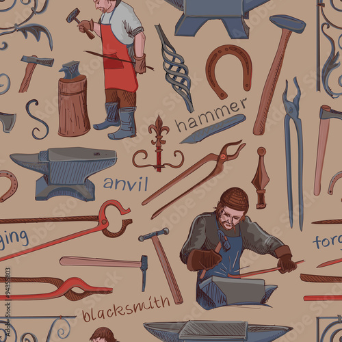 Seamless pattern with objects on blacksmith theme