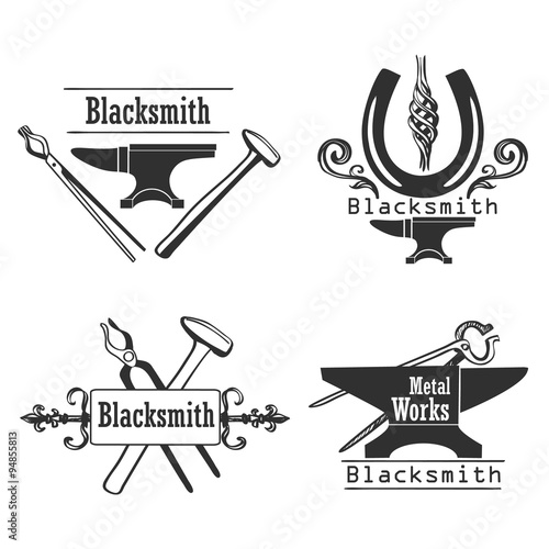 Set of vintage monochrome blacksmith labels and design elements.